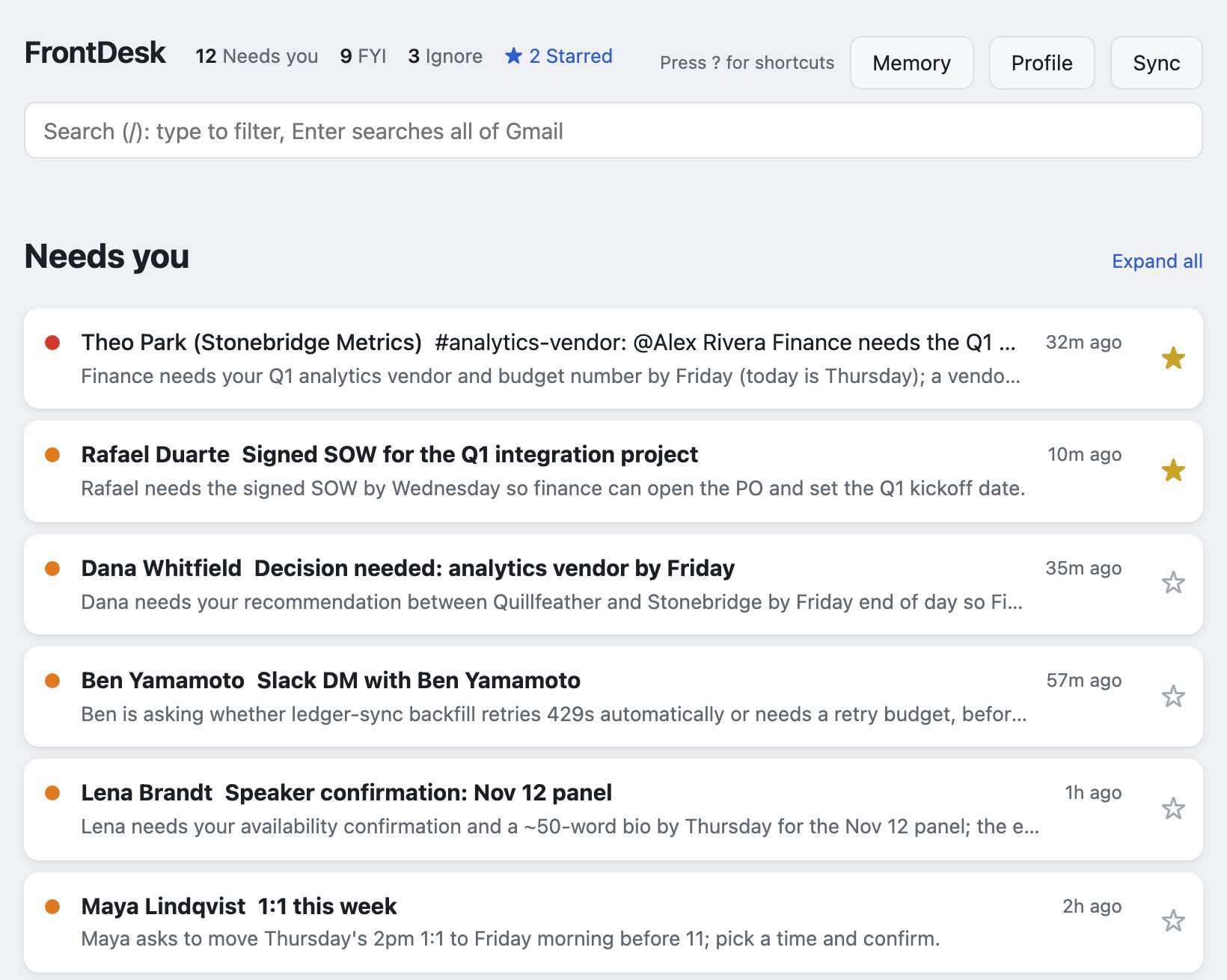 FrontDesk's ranked inbox: threads grouped under Needs you, FYI and Ignore, each with a one-line reason.